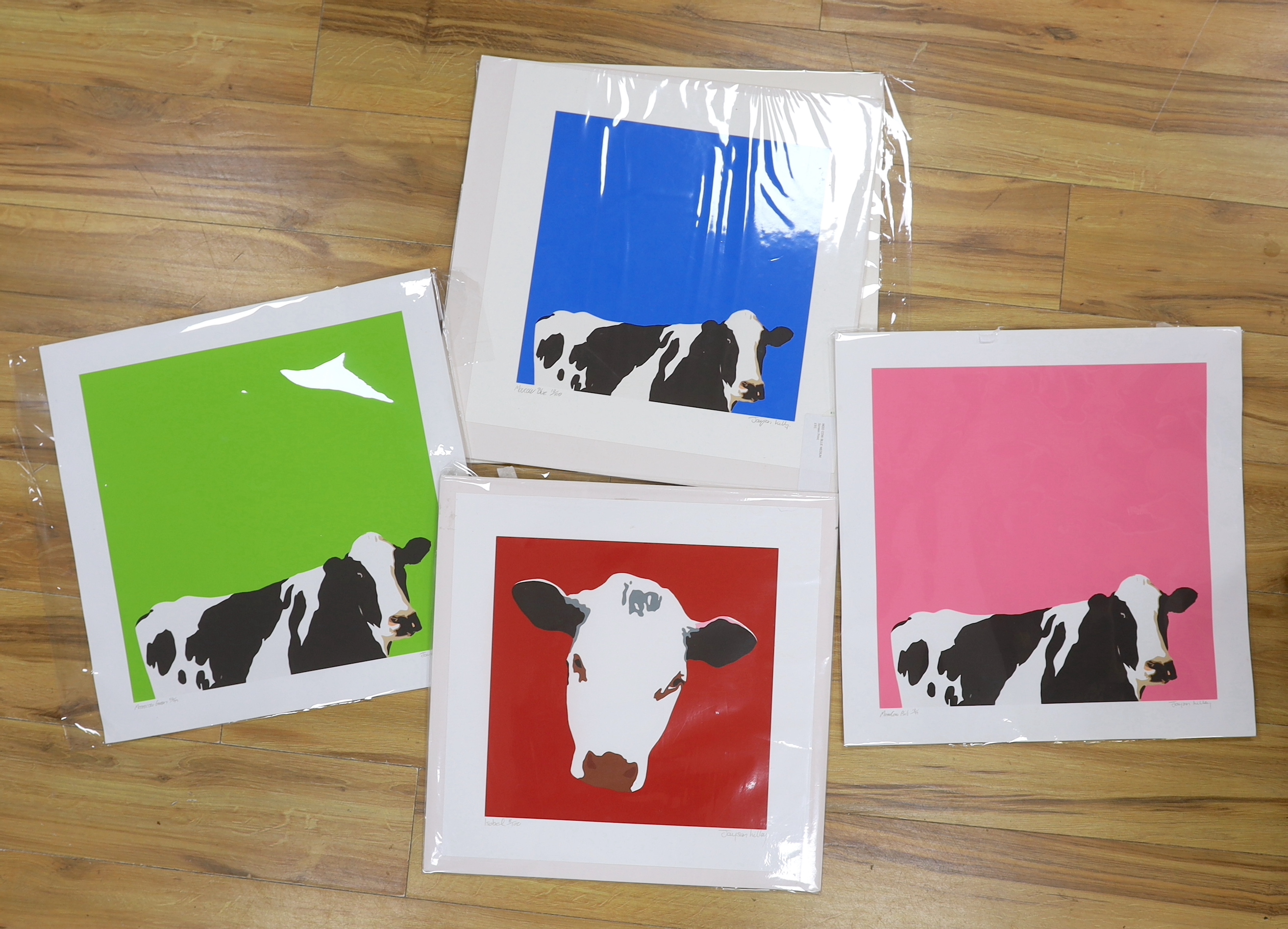 Jayson Lilley (b.1972), set of five contemporary colour screenprints, Cows including 'Mooocow Green' limited edition 59/99, and 'Isobel', limited edition 8/100, each signed in pencil, each 50 x 50cm, unframed